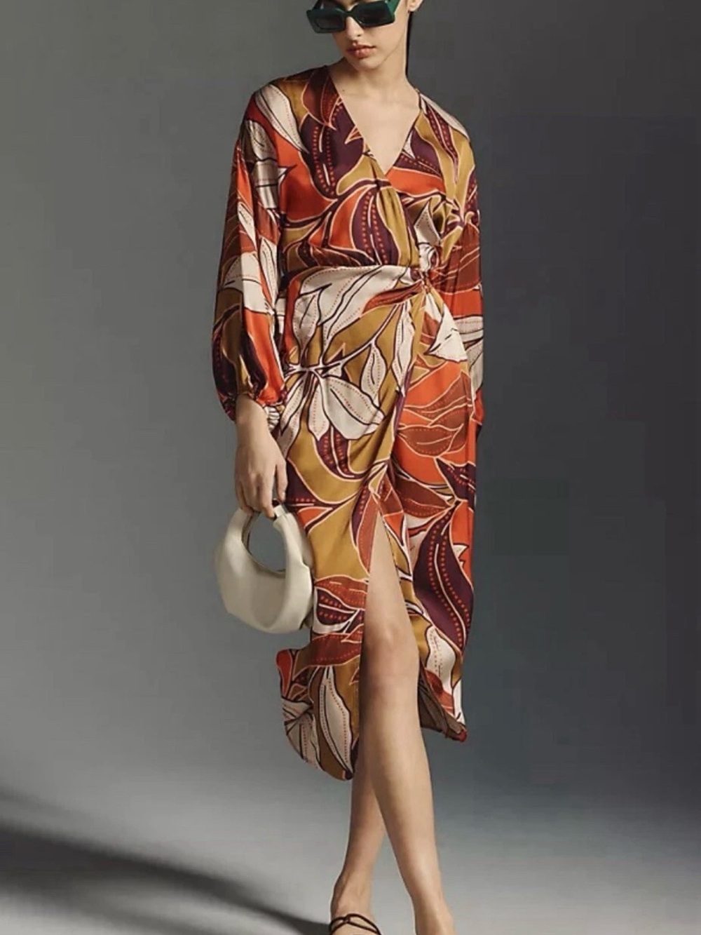 Anthropologie Motivi Floral Wrap Midi Dress in Rust, Mustard & Ivory